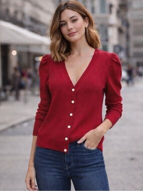 VENUS Red V-Neck Puff Shoulder Button Cardigan with Pearl buttons